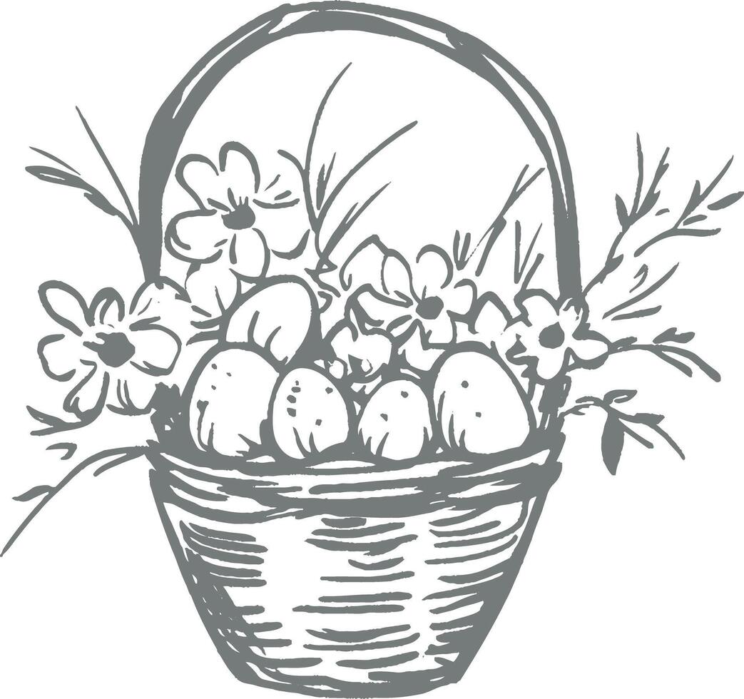 Hand drawn Easter basket filled with eggs flowers black white vintage engraving sketch spring holiday decoration retro detailed monochrome traditional artistic delicate festive art vector