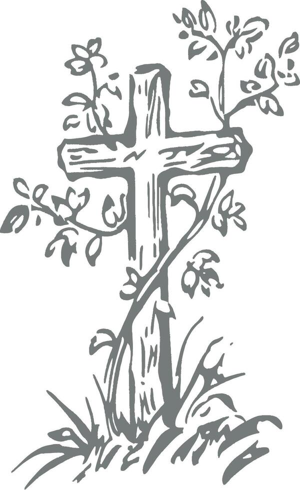 Vintage wooden cross with vines and leaves, religious Christian symbol, hand-drawn monochrome sketch, Easter faith illustration, spiritual rustic nature element, isolated detailed artwork vector