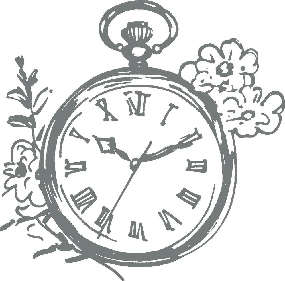 Vintage pocket watch illustration with Roman numerals floral decoration hand drawn monochrome antique timepiece sketch retro engraving nostalgic classic Victorian clock design vector