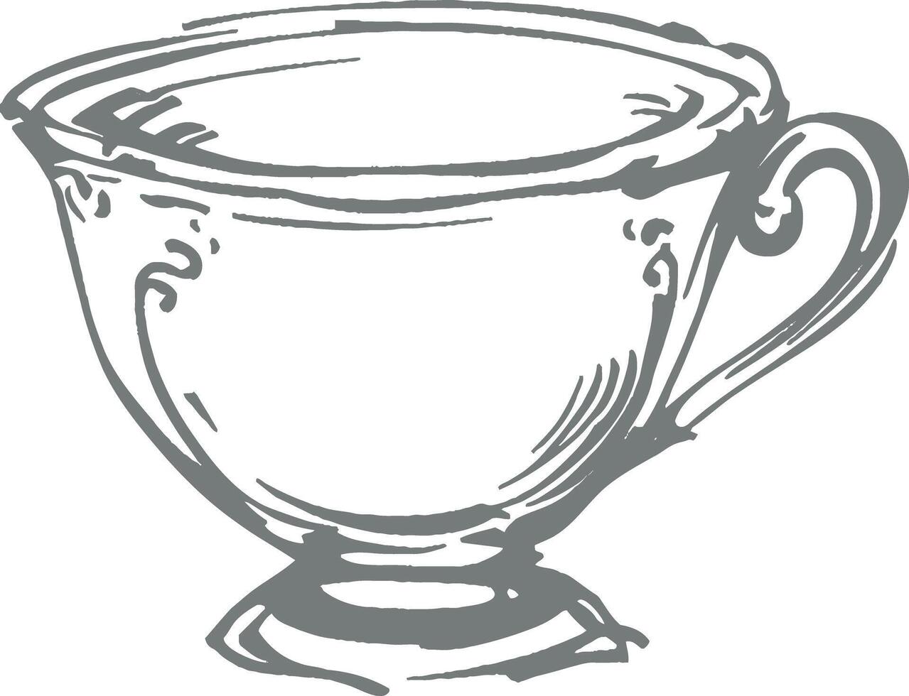 Vintage teacup illustration with ornate details hand drawn monochrome sketch antique ceramic drinkware classic tea ceremony engraving retro aesthetic home decor nostalgic art vector