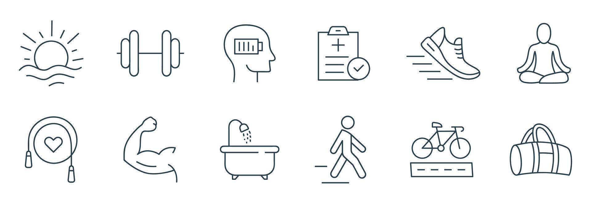 Fitness and Wellness Line Icon set. Illustrations of Exercise, Yoga, Relaxation, Healthy Living, Dumbbell, and Running Icons vector