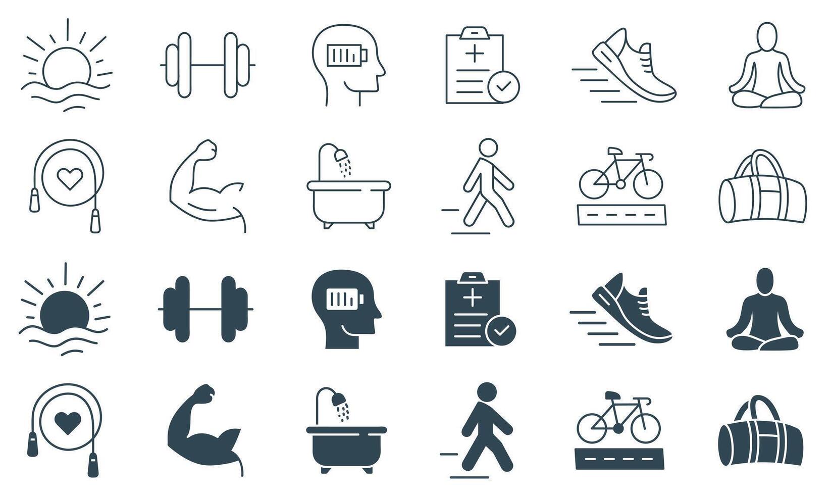 Fitness and Wellness Icon Set. Line and Solid Illustrations of Exercise, Relaxation, Active Lifestyle, and Healthy Living with Dumbbell, Yoga, and Running Icons vector