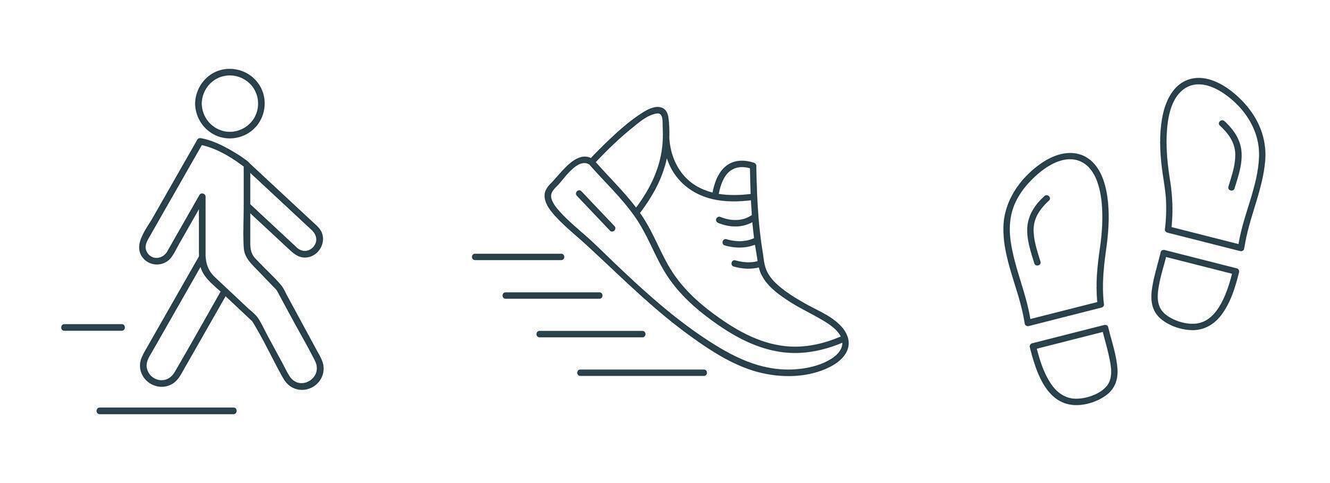 Walking and Running Line Icon Set. Illustrations of Person, Shoe, and Footprints icons vector