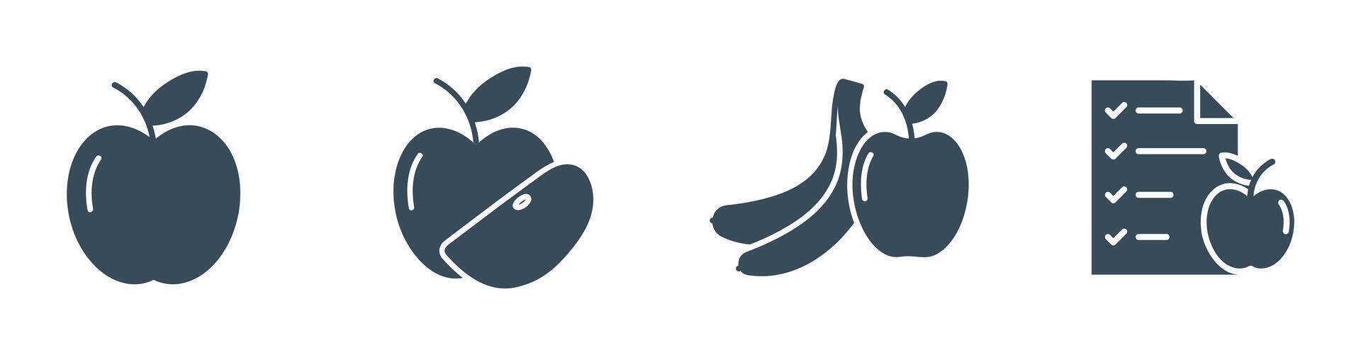 Healthy Food Apple, Banana, and Diet Plan Solid Icon set. illustration of Nutrition and Wellness vector