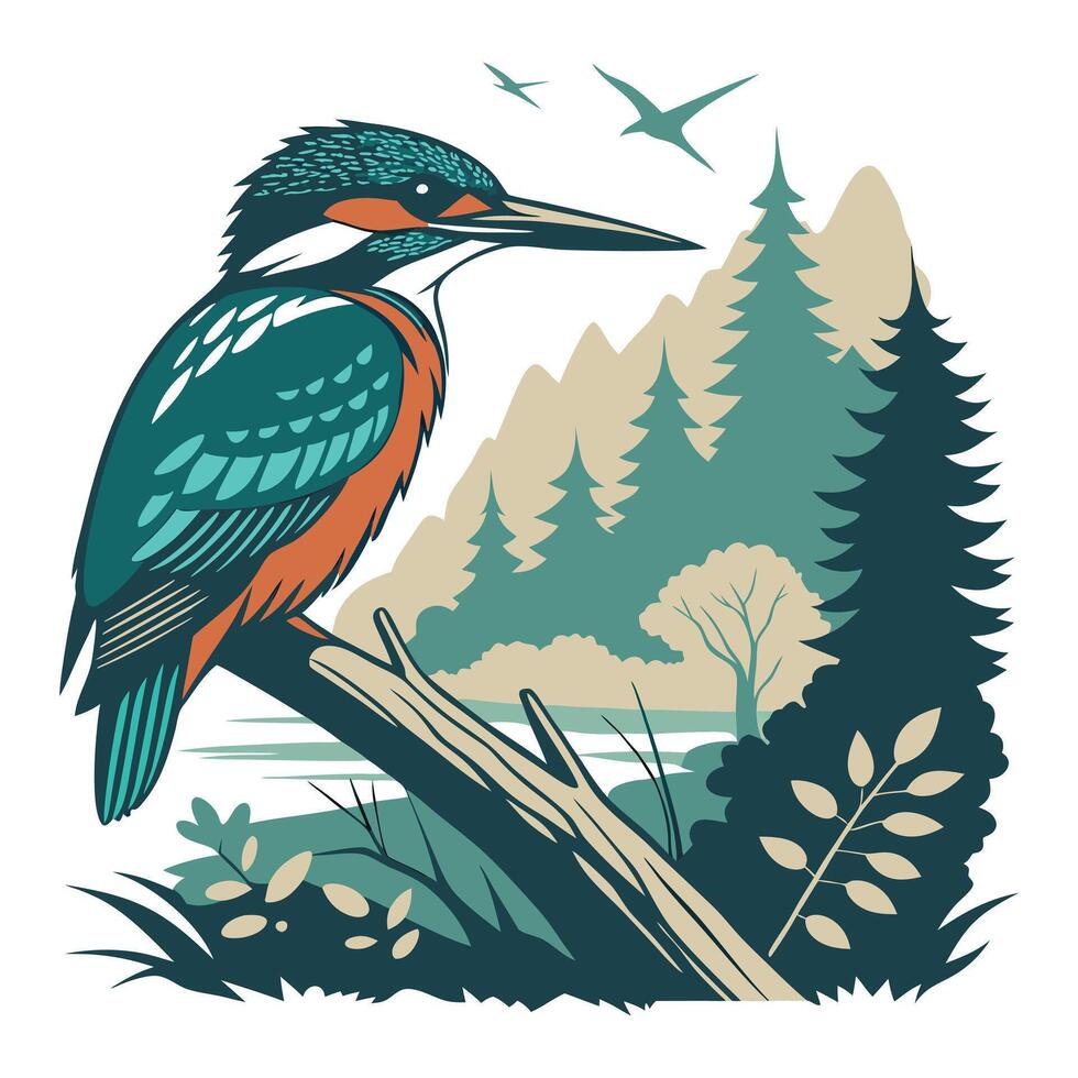 kingfisher bird on a branch in the forest illustration vector