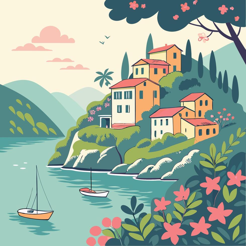 a colorful illustration of a village on the coast vector