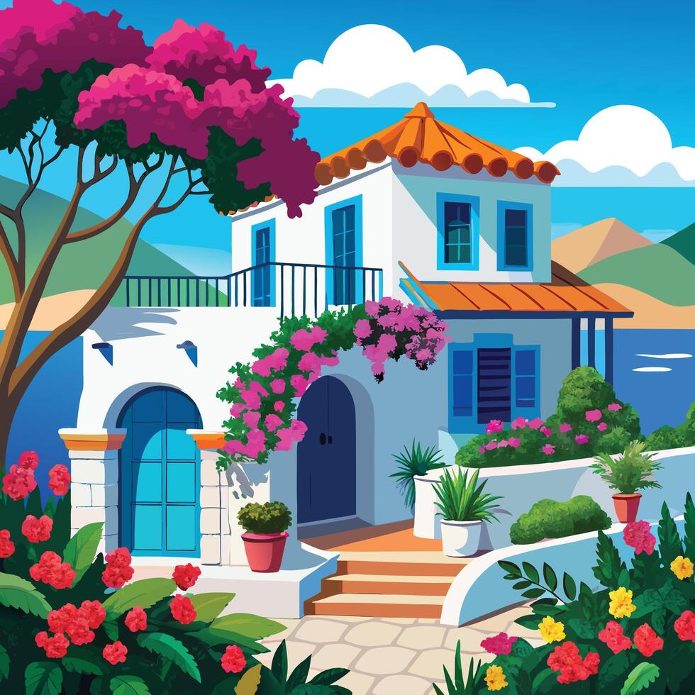 illustration of a house on the beach with flowers and trees vector