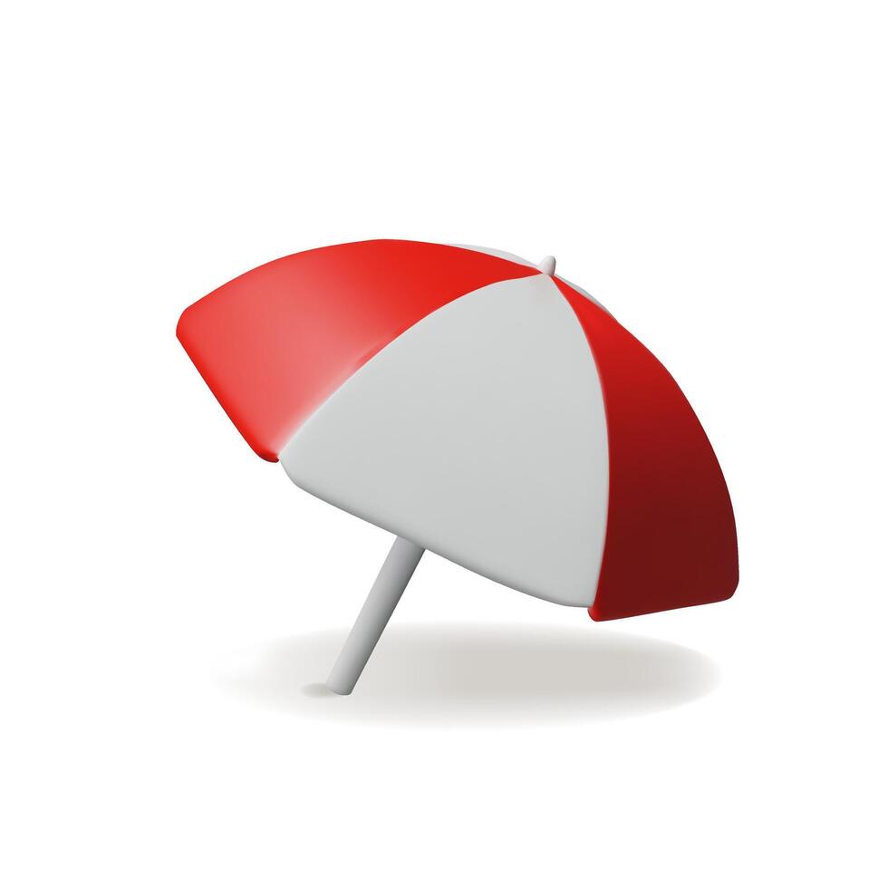 3d red beach umbrella 2. Travel illustration. Three-dimensional sun parasol for summer holiday season. Relax vacation. Sunshade protection on the sand, sea, ocean. Tropical rest in the shadow vector