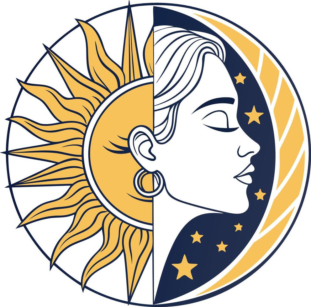 March Eight International Women's Day Sun and Moon Illustration in Vibrant Yellow and Blue Celestial Design vector