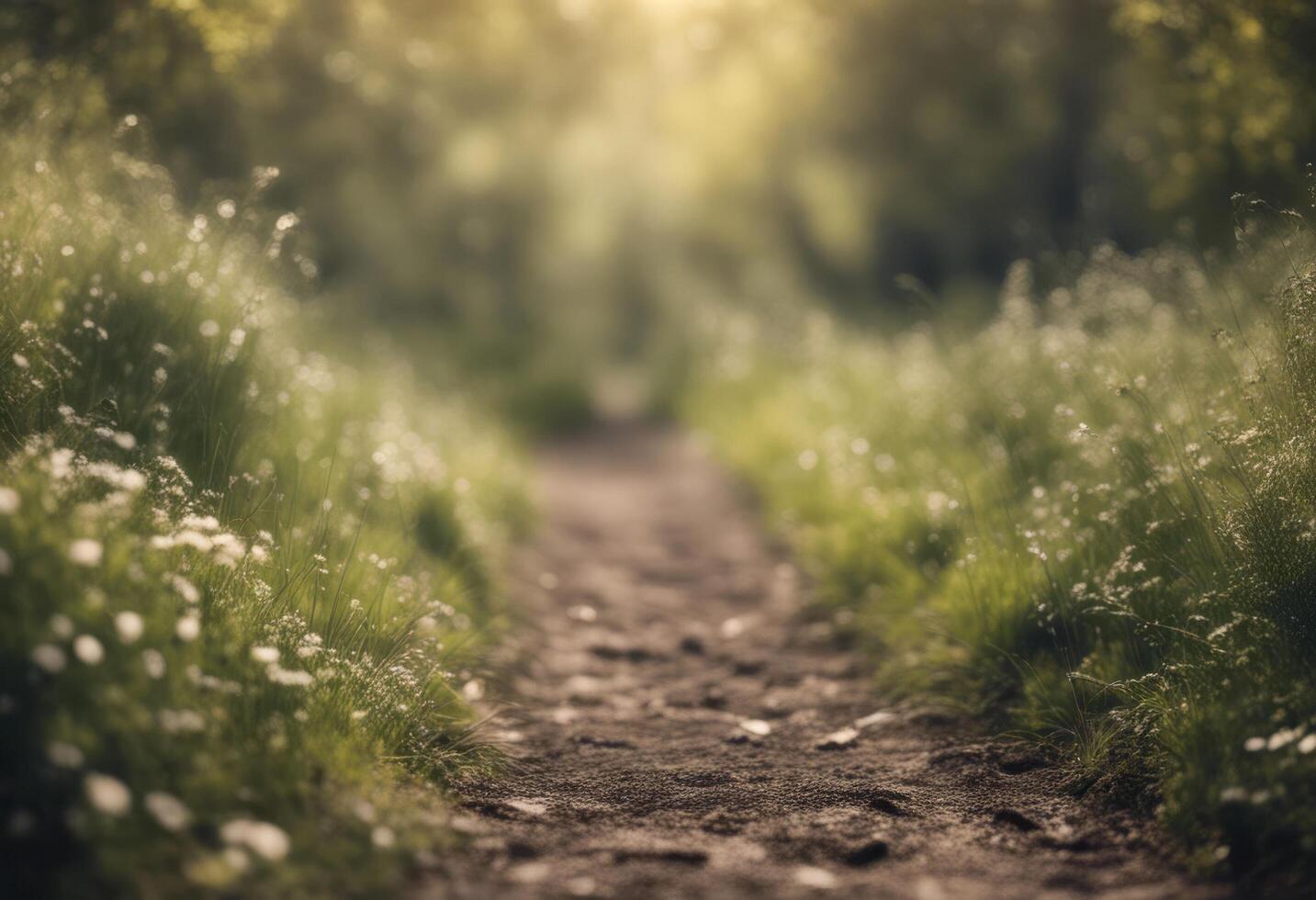 A dirt path through a grassy field with flowers photo