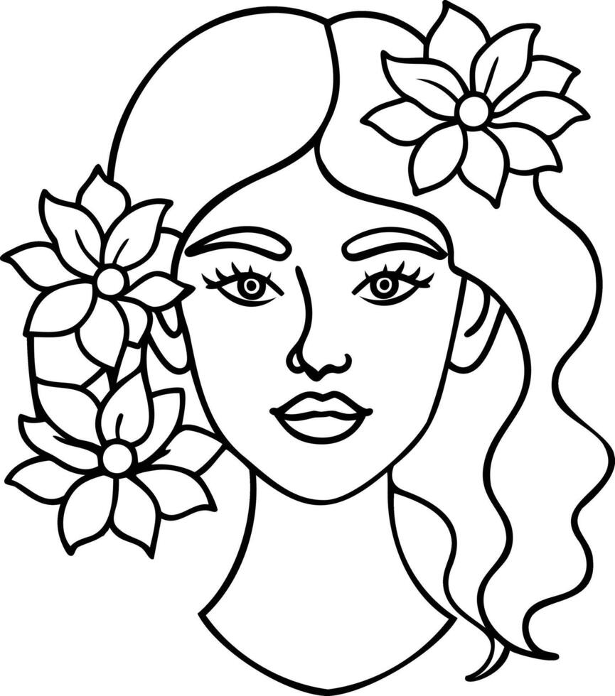 March 8th International Women's Day Floral Outline Illustration with Elegant Wavy Hair and Decorative Flowers in Black and White vector