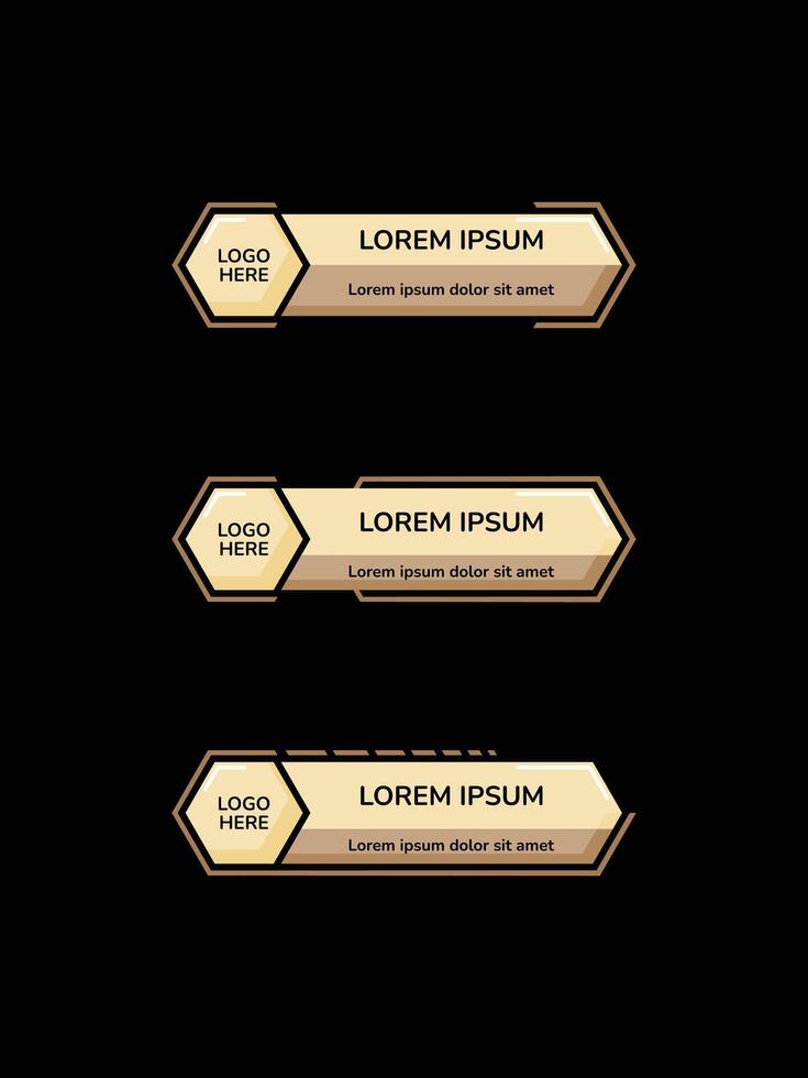 Gold and brown lower third banner templates with hexagonal logo placeholders, elegant gradients, and modern design elements. Ideal for overlays, live streaming, or broadcast graphics. vector
