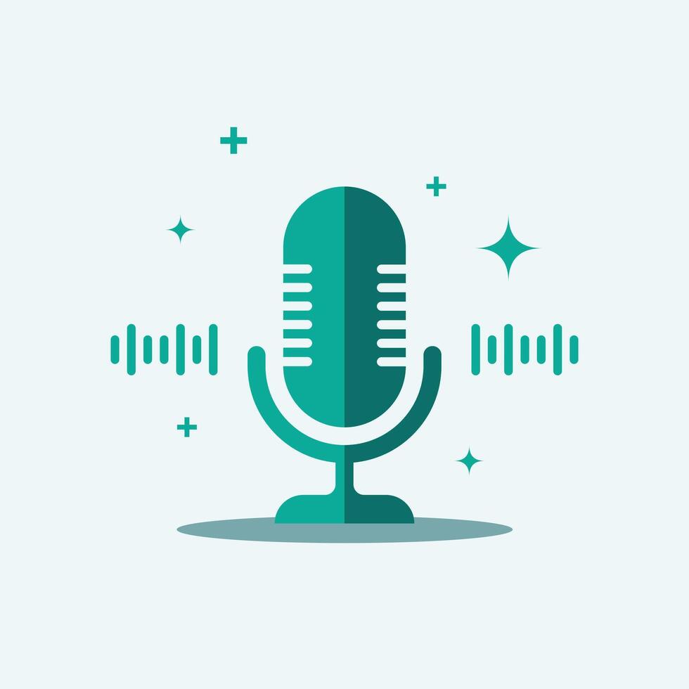 A modern flat-design microphone icon with sound waves and sparkles, representing podcasting, voice recording, or audio broadcasting. vector
