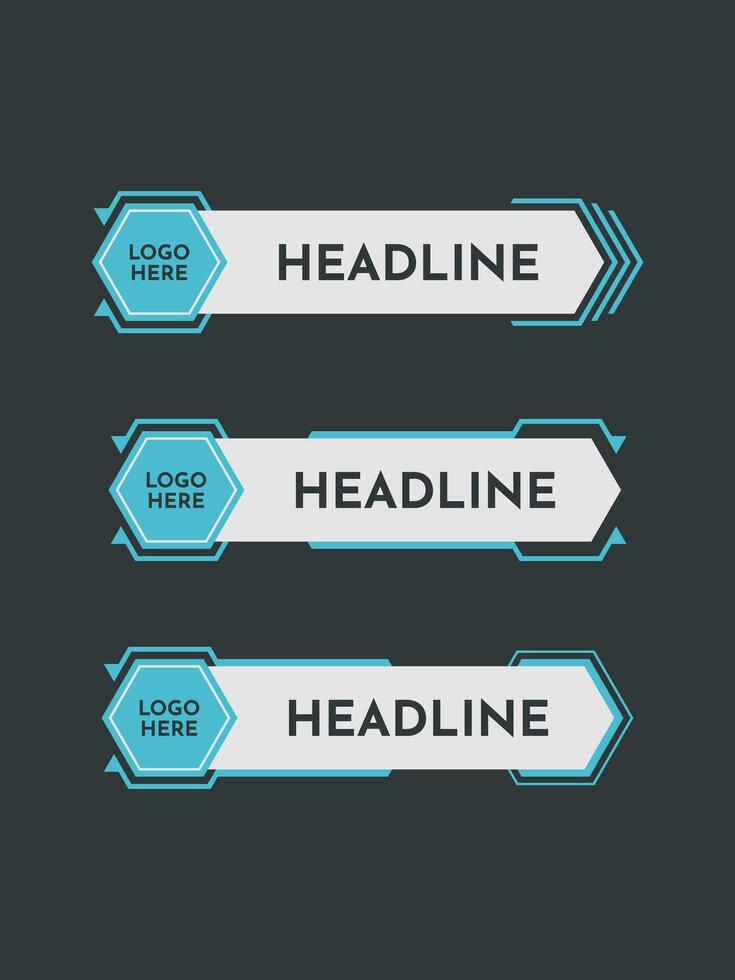 Futuristic lower third banner design with hexagonal logo placeholder and bold headline text, featuring blue and white color scheme on a dark background. vector