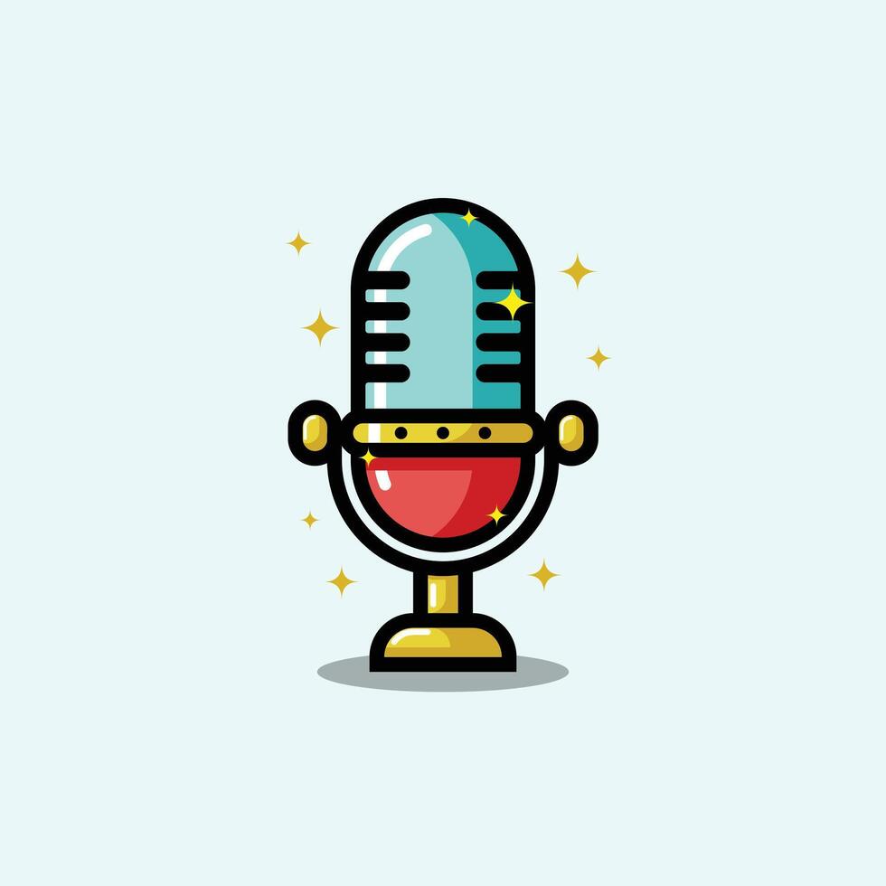 Colorful retro microphone with a gold stand, glowing sparkles, and a modern flat design on a light background. vector