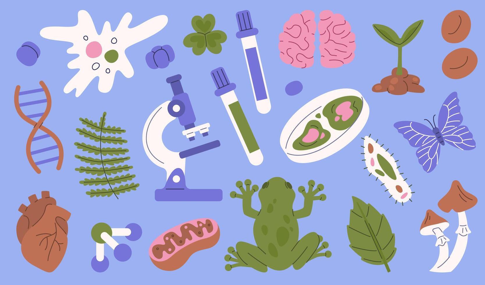 Biology science objects with microscope and cells vector