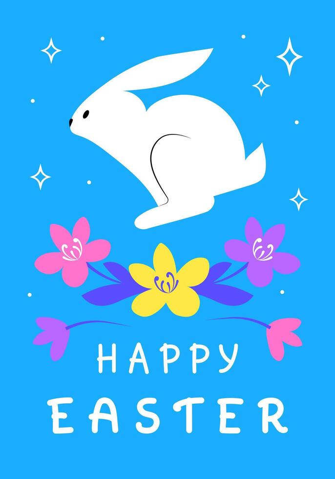 Happy Easter greeting card with white rabbit and flowers on blue background. Modern minimalist design template poster vector