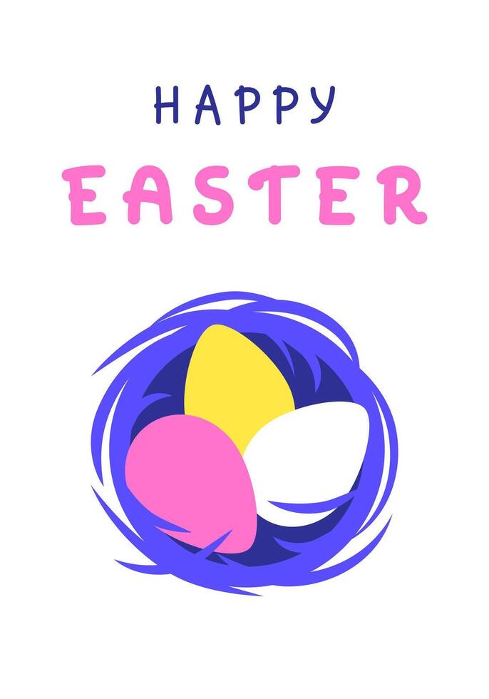 Easter greeting card, easter eggs in nest, flat illustration in minimalist style vector