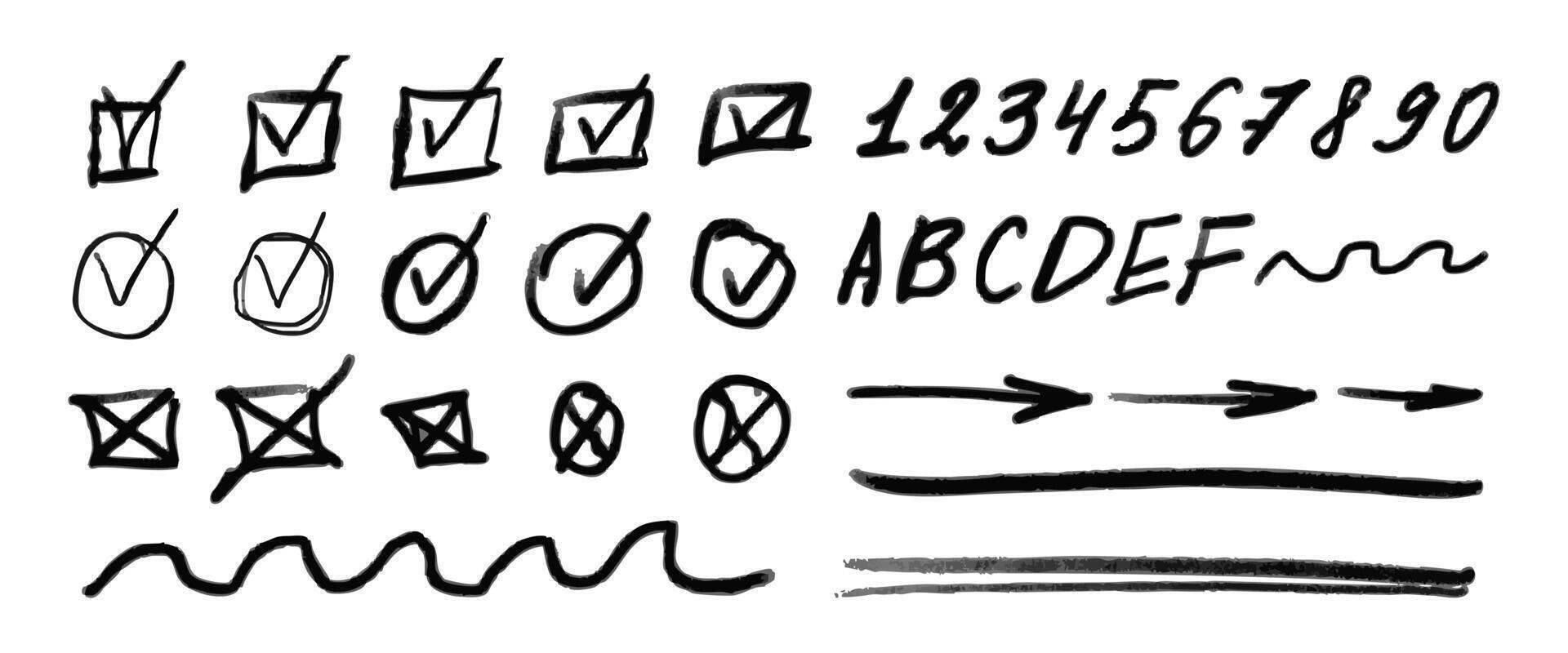 A collection of symbols and numbers, including check marks, arrows, and letters, are drawn in black. Scene is playful and creative, as the symbols vector