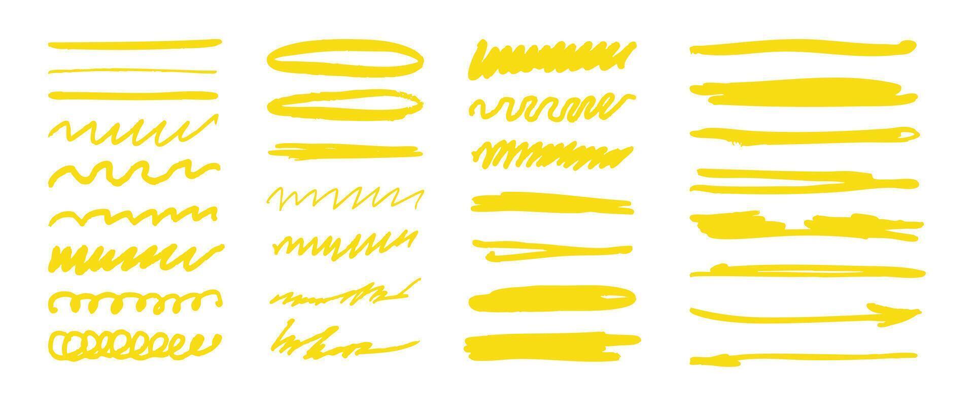 A set of yellow lines and squiggles. The lines are all different sizes and shapes, and they seem to be drawn with a marker or a pen. Scene is playful and whimsical vector