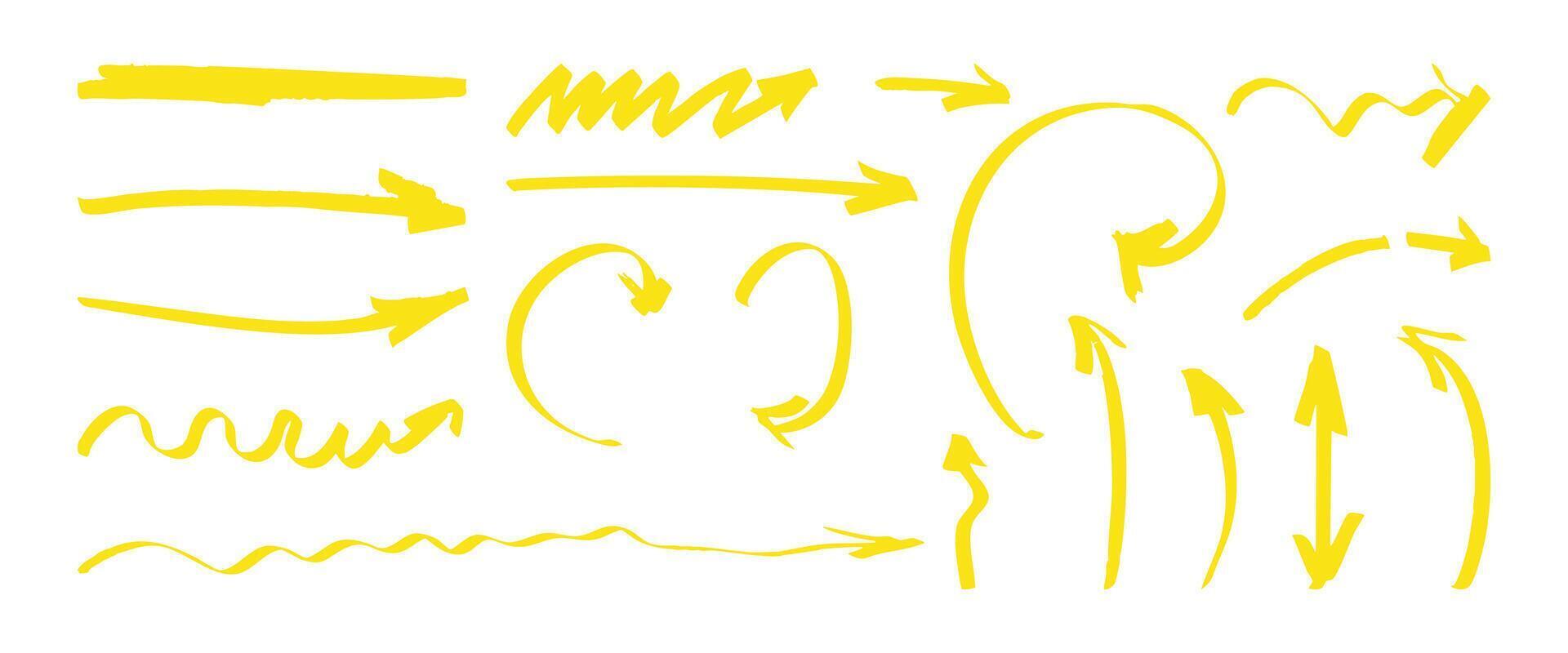 A set of yellow arrows with varying thicknesses and styles. The arrows are scattered across the image, with some pointing upwards and others pointing downwards. Scene is playful and whimsical vector