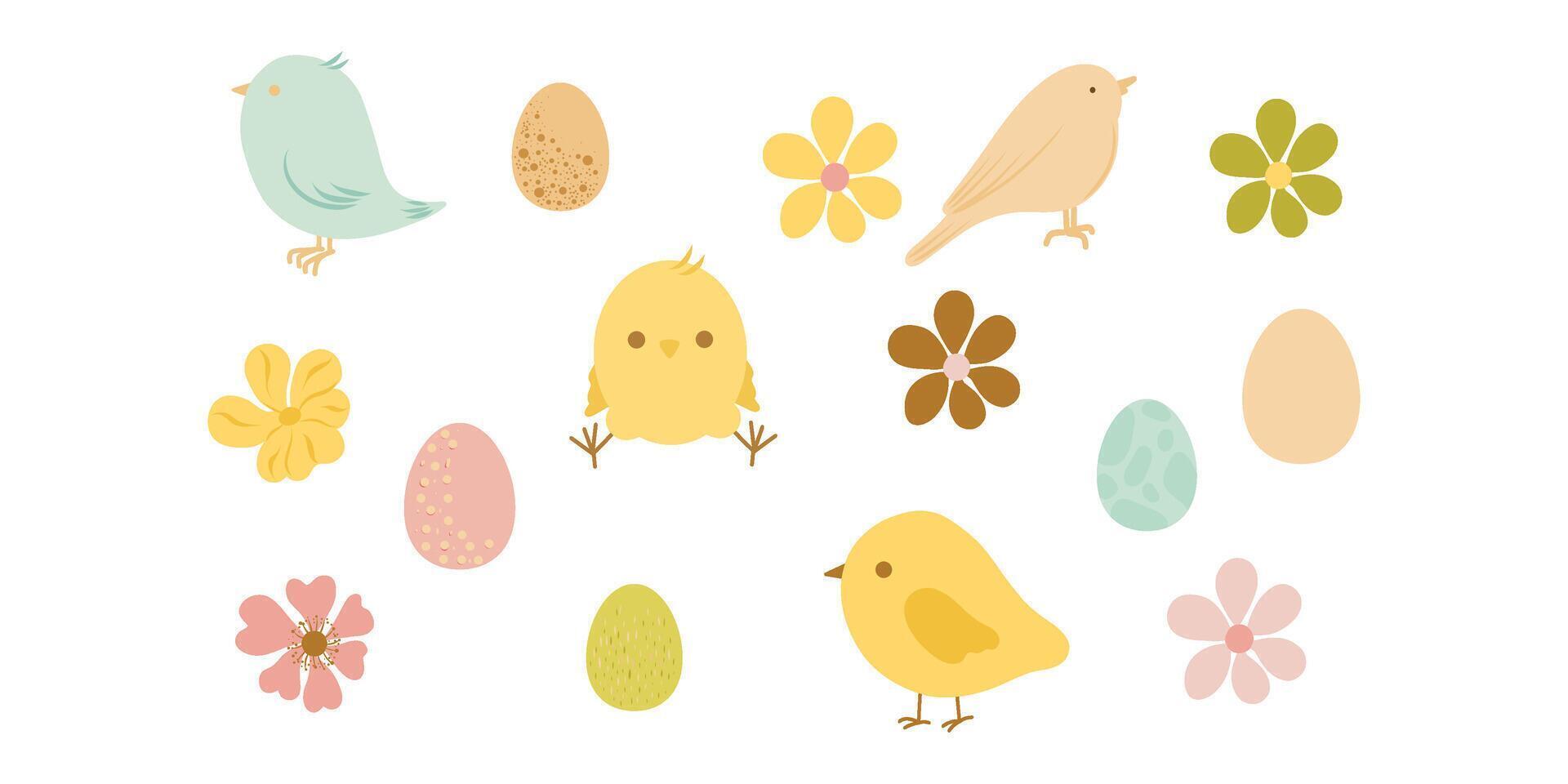Easter eggs, chicken, bird, flowers set. Easter set for poster, card, scrapbooking, stickers. vector