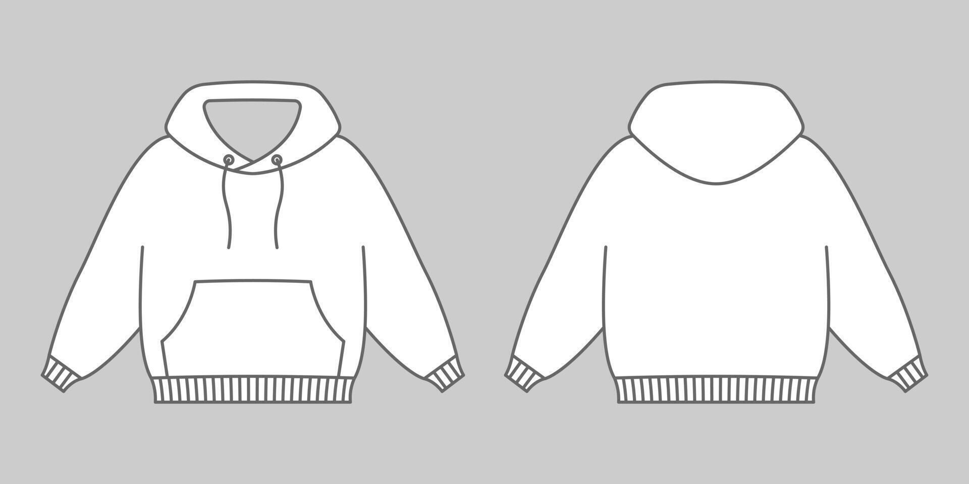 Sweater with sleeves front and back view. Stylish white unisex hoodie with hood for everyday wear and sports vector
