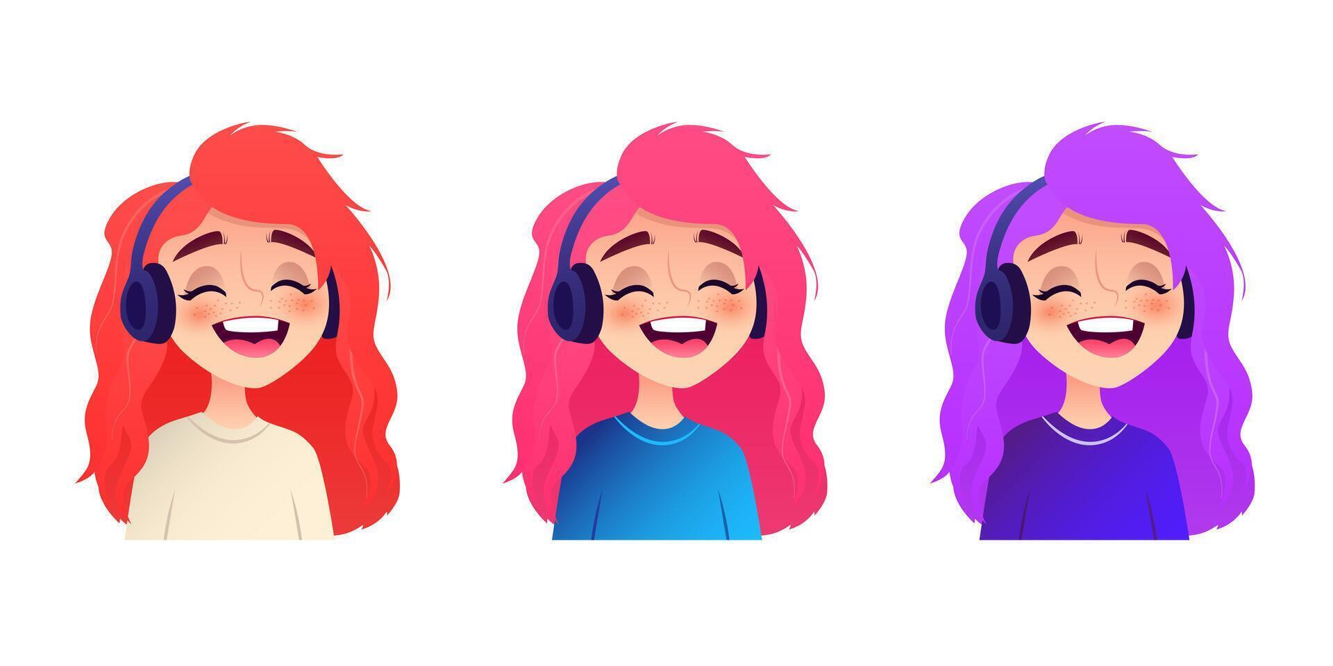 Girl in headphones set. Beautiful young woman with purple and red hair laughing joyfully listening to music and trendy podcast vector