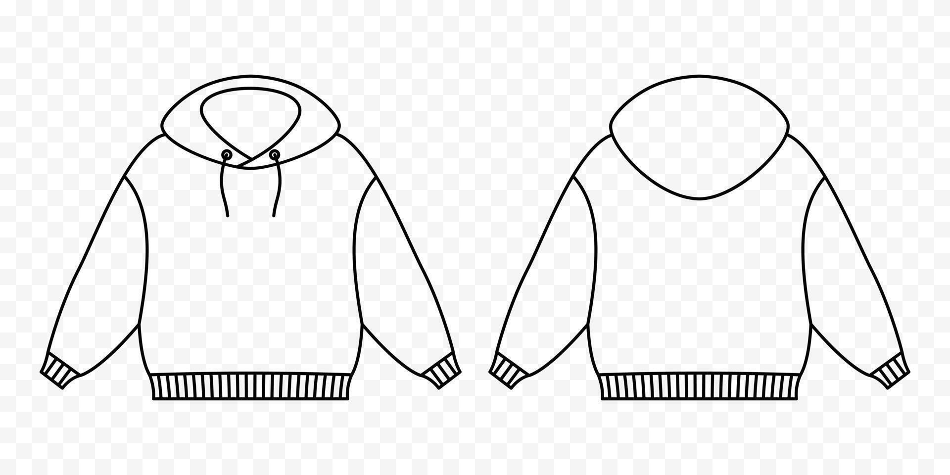 Sweater hoodie front and back view with outline. Stylish white sleeves unisex with hood for everyday wear and sports vector