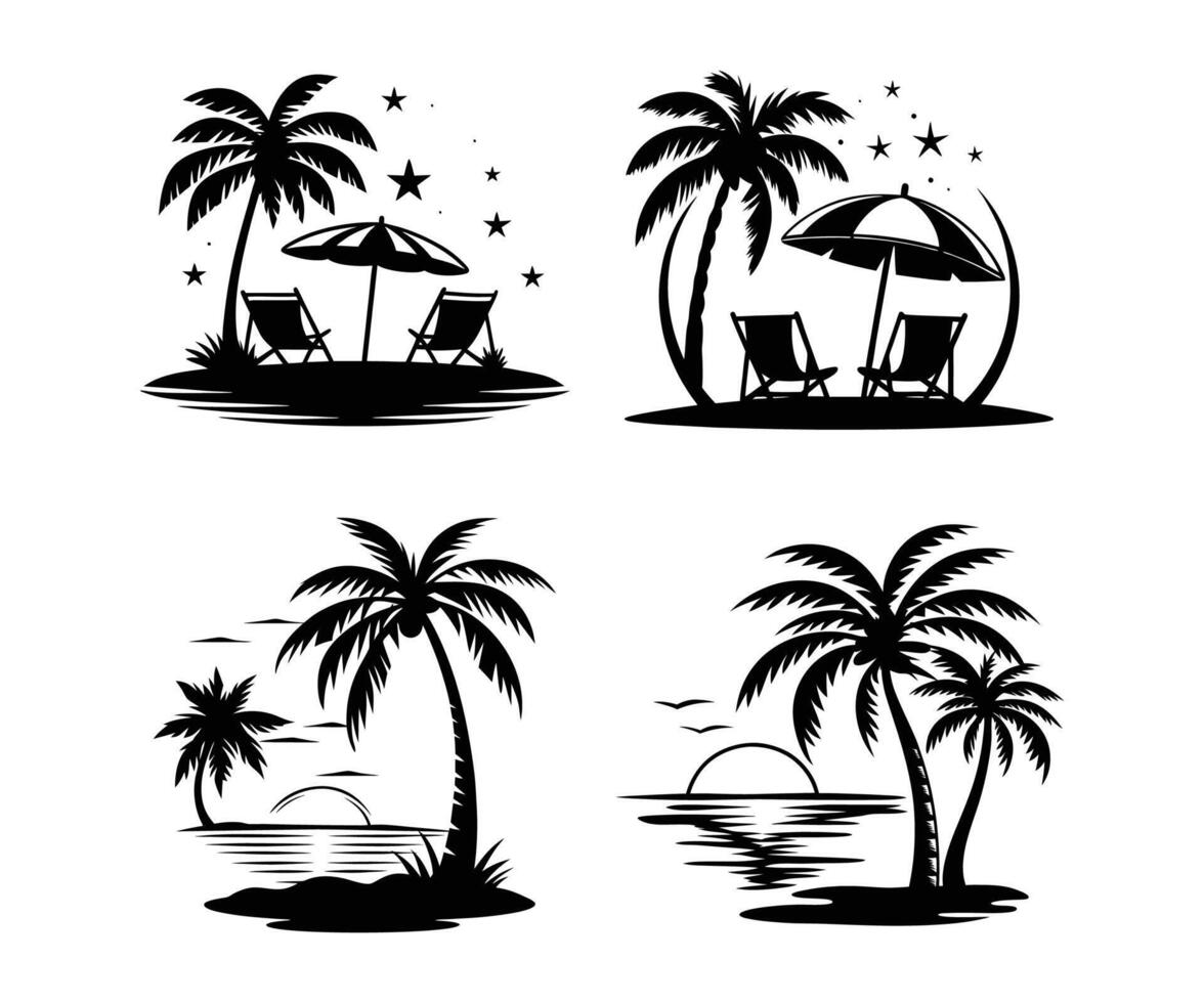 Sea beach Sunset silhouette Coconut tree set silhouette Tropical palm trees silhouette collection vector