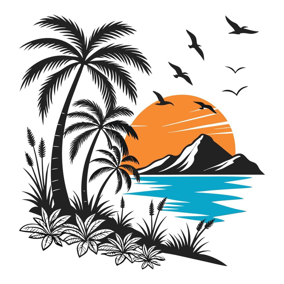 illustration of a tropical island, tropical island with palm trees vector