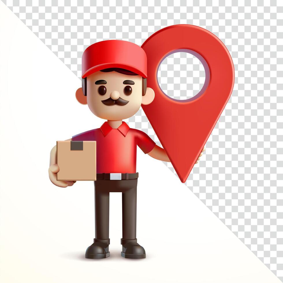 Delivery man holding location symbol, 3d. Suitable for business and design elements vector