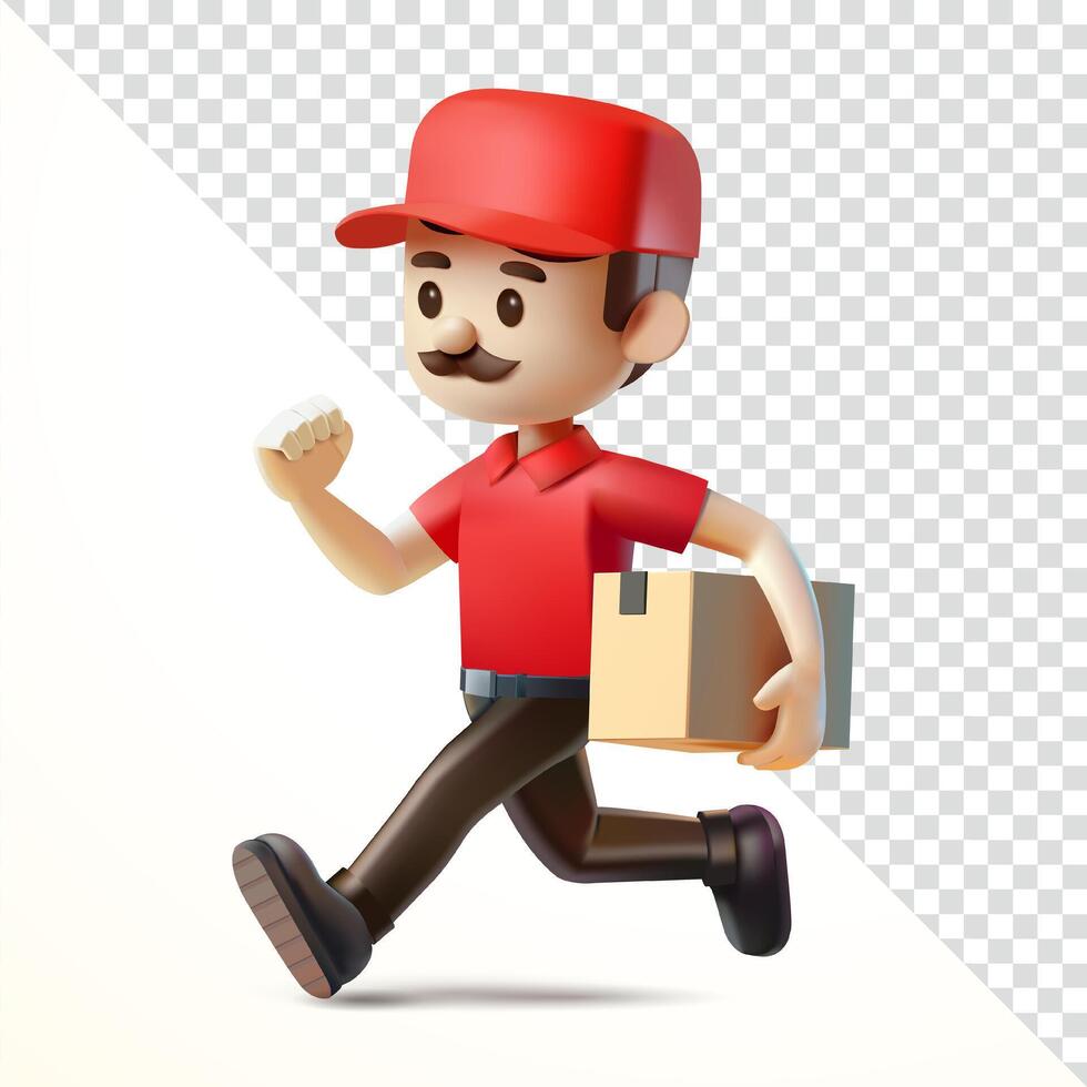Delivery man running while carrying parcel box, 3d. Suitable for business and design elements vector