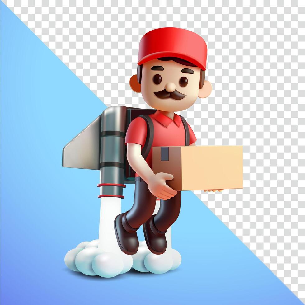 Delivery man flying with jetpack while holding cardboard, 3d. Suitable for business and design elements vector