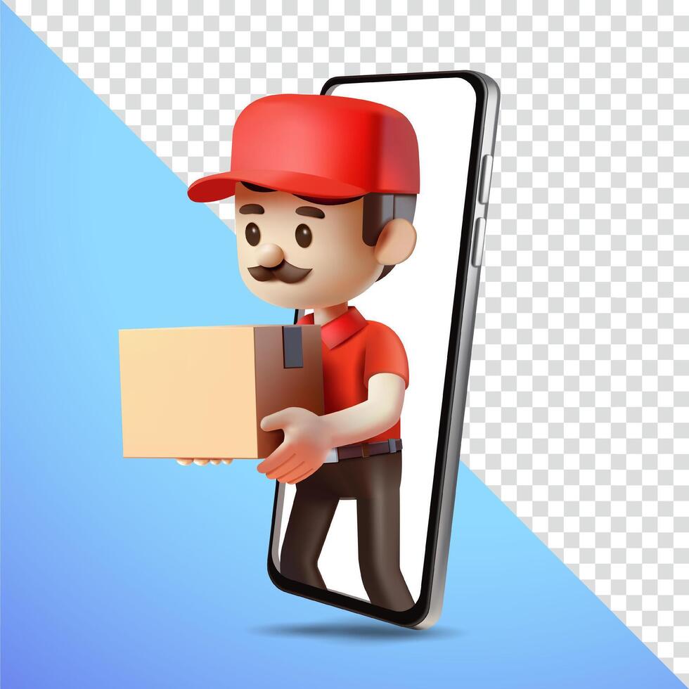 Delivery man comes out of smart phone screen and delivers parcel box, 3d . Suitable for business and design elements vector