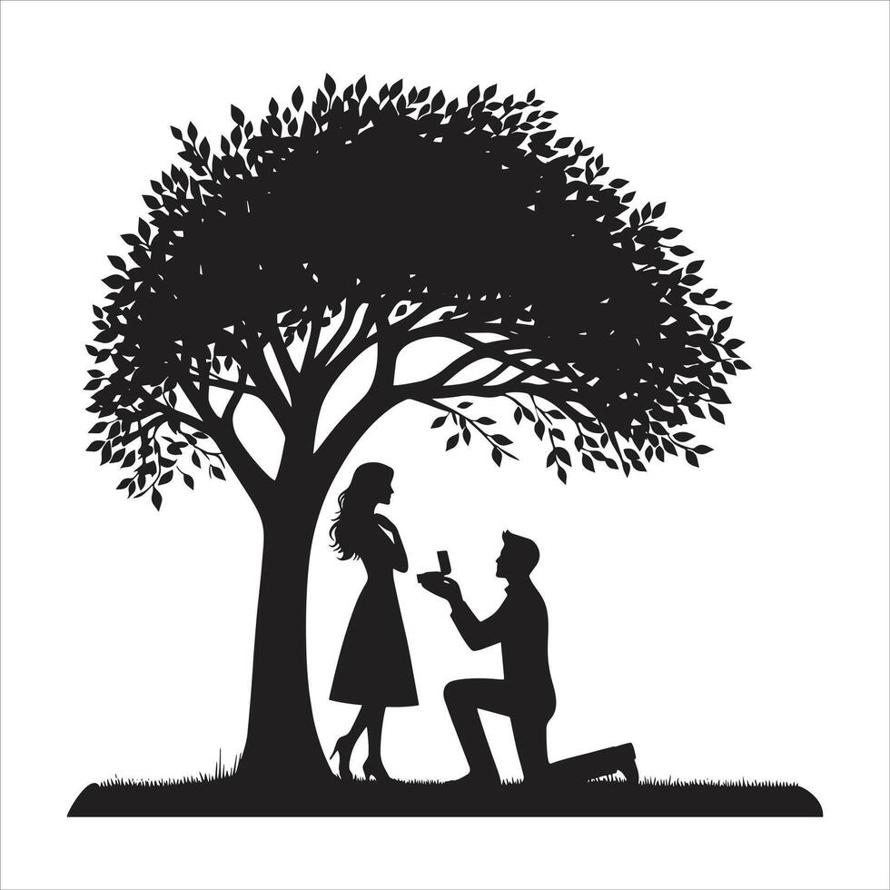 Silhouette of a man proposing to a woman under a tree vector