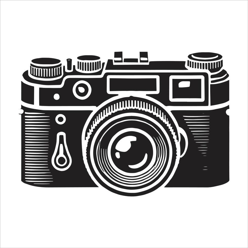 An old camera is shown in a black and white drawing vector