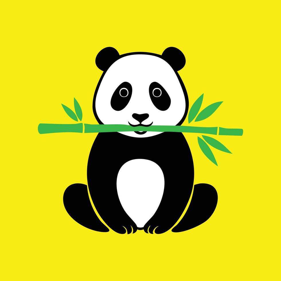 A cute panda eating a bamboo stick on a yellow background illustration vector