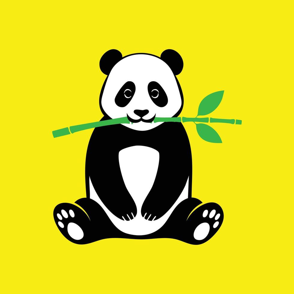 A cute panda eating a bamboo stick on a yellow background vector