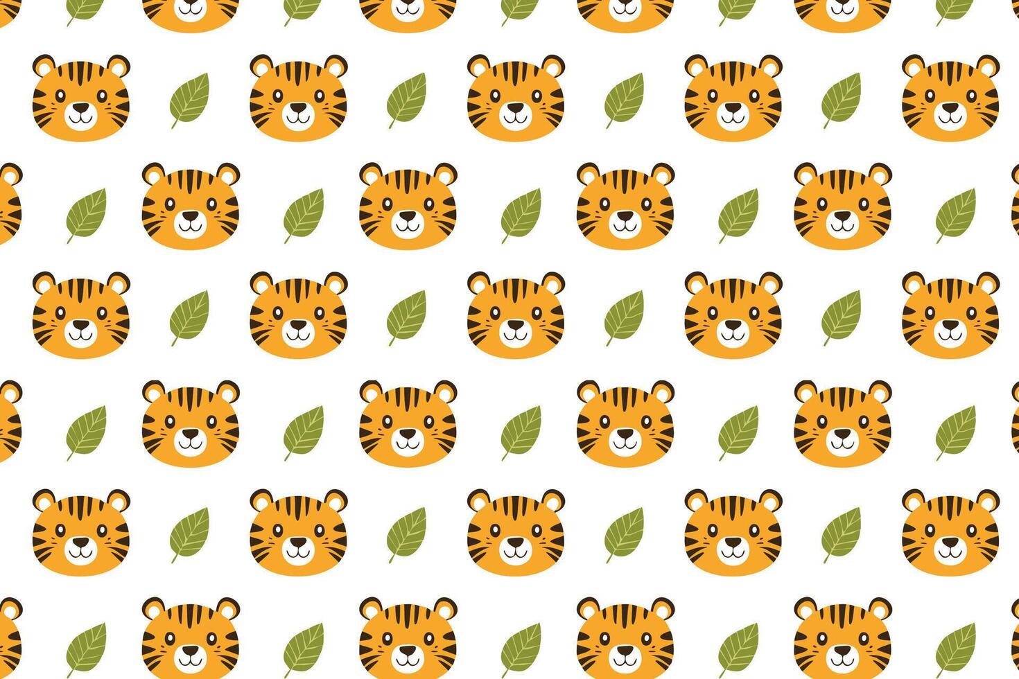 A seamless pattern with cute tiger faces and leaves vector