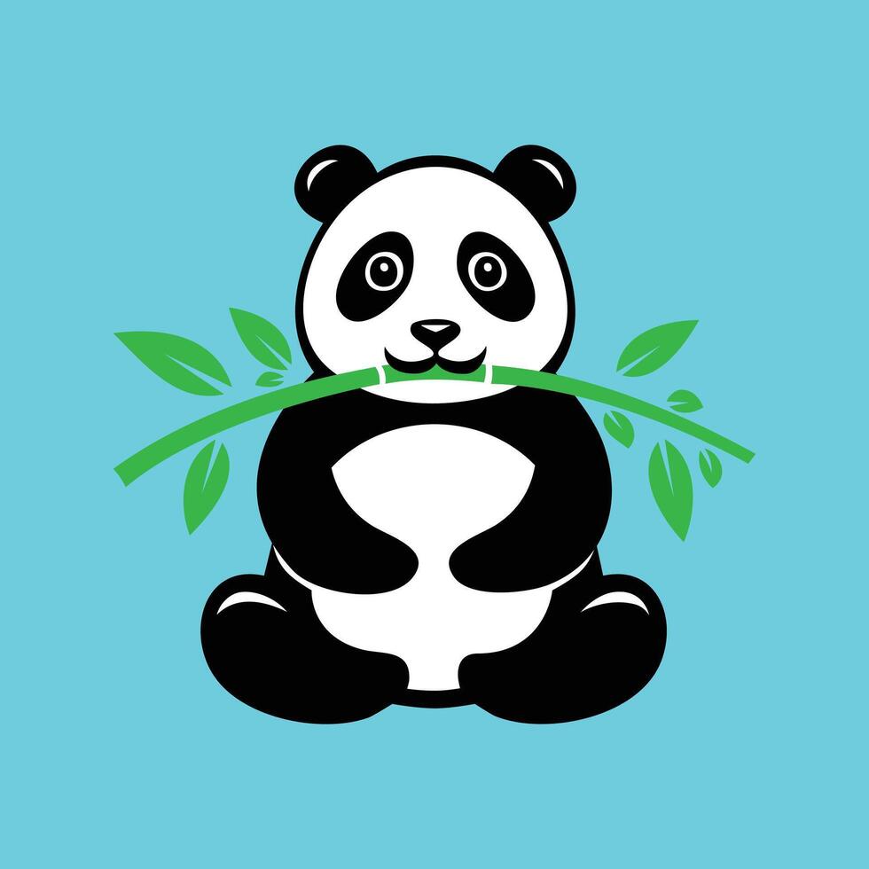 A cute of panda bear eating a bamboo branch on a blue background vector