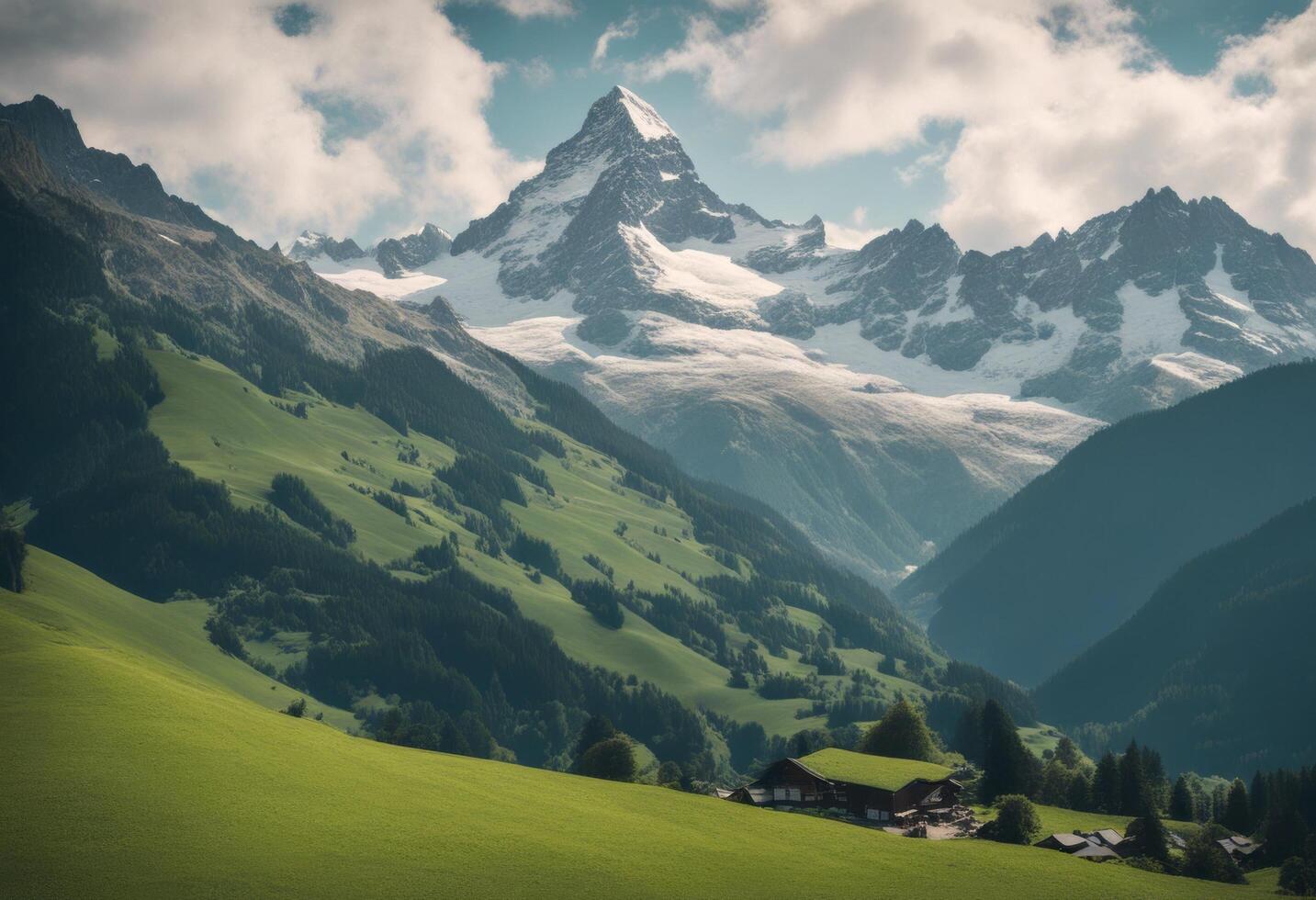 of snow beauty capped cloud peaks majestic alps sky showcase awe breathtaking mountain green villages meadows vale capture nature forest travel swiss landscapes landscape lush inspiring photo