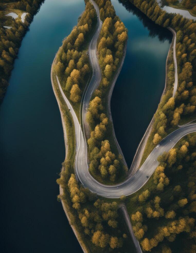 view bird surroundings text road eye concept overhead background sweden photography curvy trees summer aerial space sea taken water next generative lake s place travel ai tree drone photo