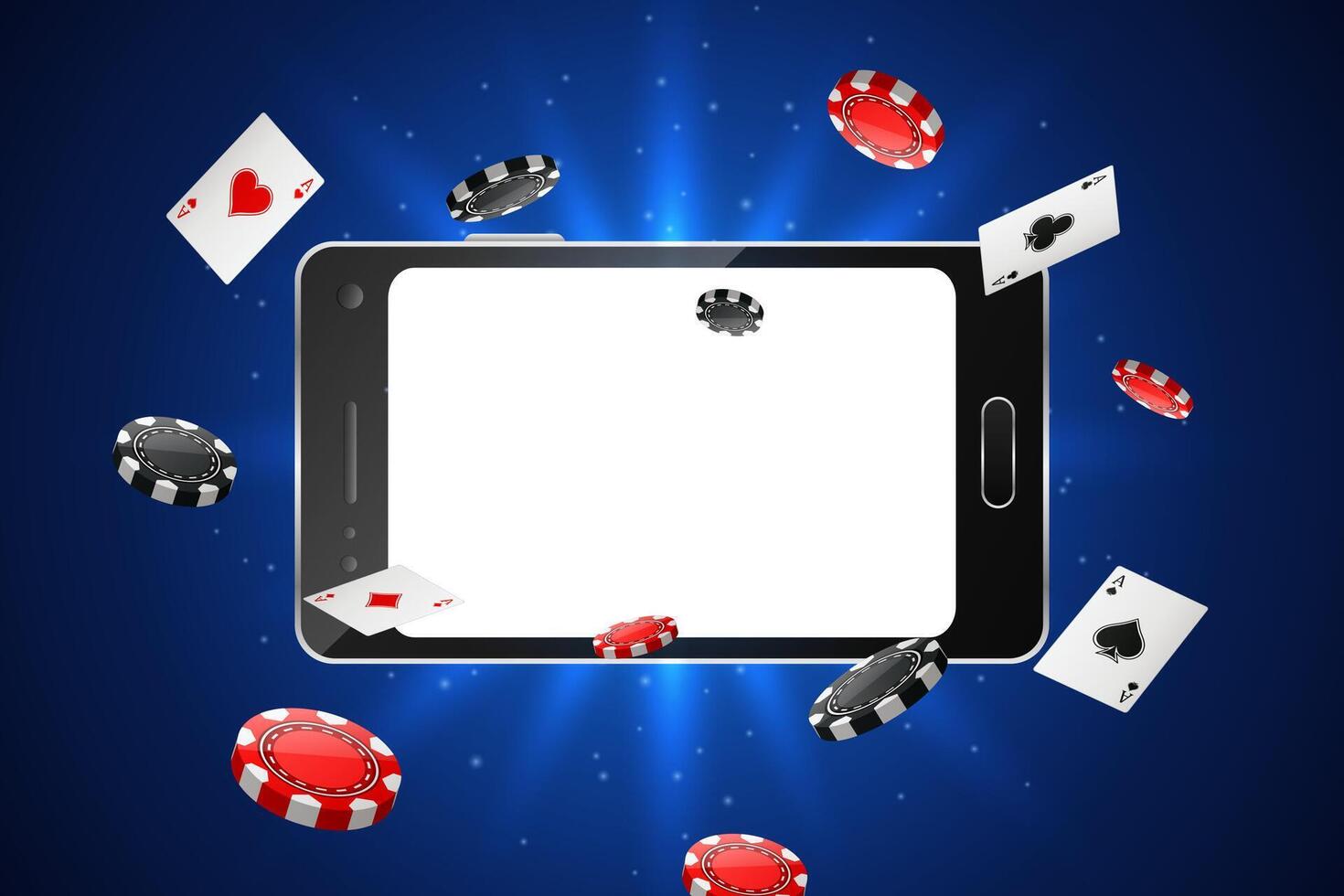 Online poker tournament background design with a mobile phone. Poker banner with chips and playing card vector