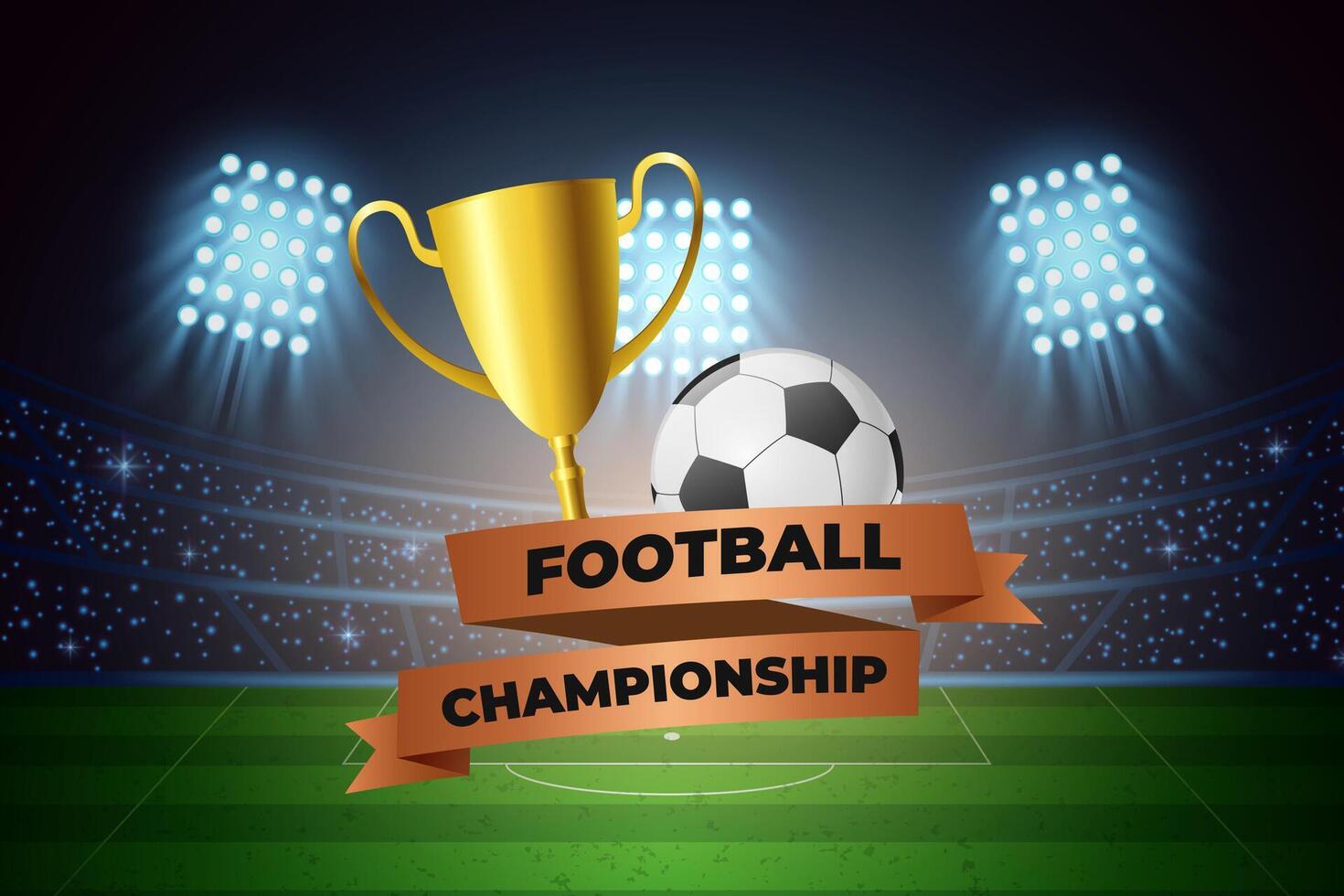Football arena with bright light stadium design and award trophy. Illustration vector