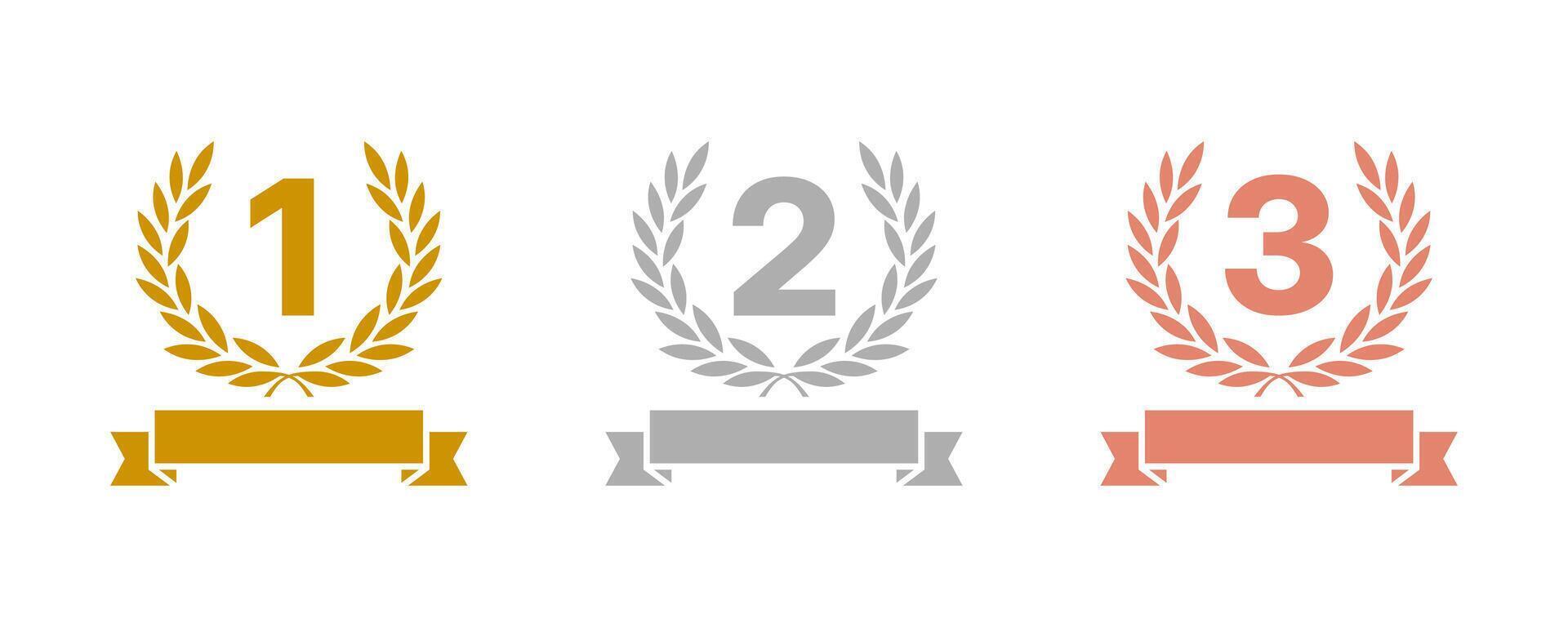 Gold silver bronze laurel wreath games medal award set. Award golden, silver, and bronze laurel wreaths with ribbons of First, second, and third winners. vector