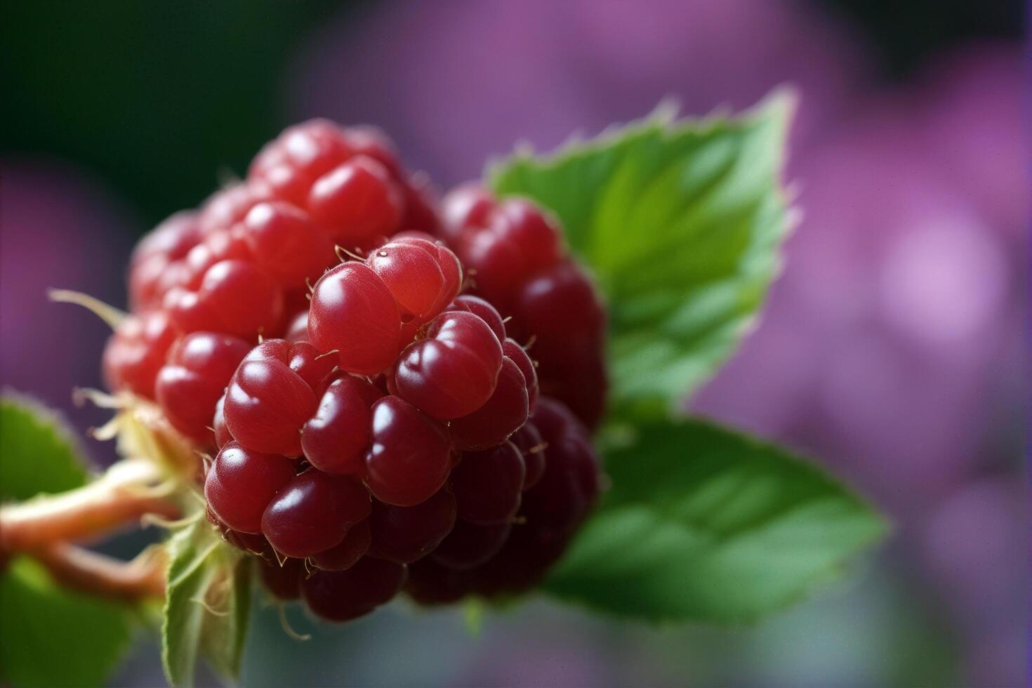 A close up of a raspberry plant with purple flowers photo