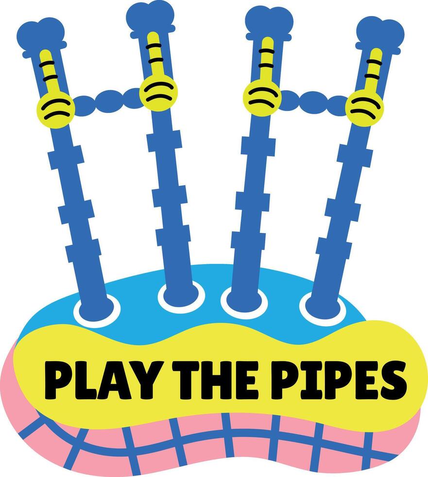 Bagpipe instrument with play the pipes text, flat sticker vector