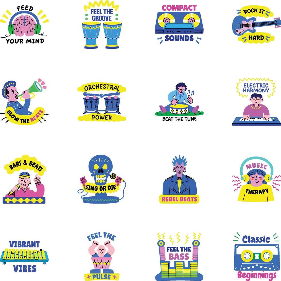 Bundle of Music Instruments Flat Style Stickers vector