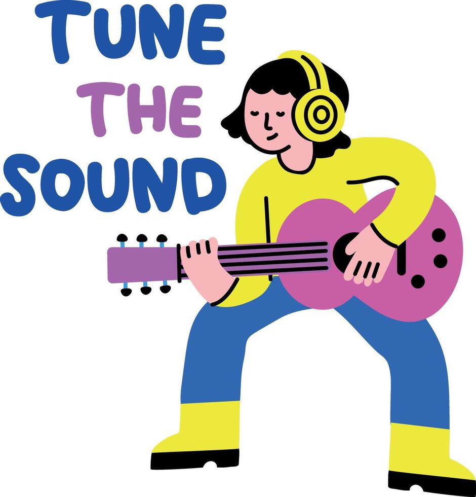 A flat sticker of guitarist character with tune the sound, typography vector